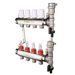 Коллекторный блок Valtec из нержавеющей стали со встроенными расходомерами и термостатическими клапанами 1", 6 x 3/4"